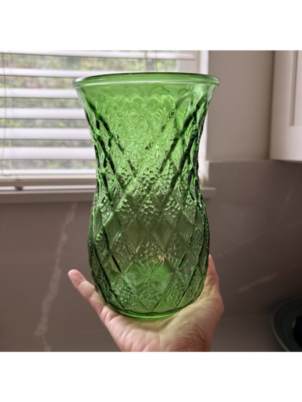 Hoosier Glass Vase Emerald Green Harlequin Cut Diamond Point Vintage